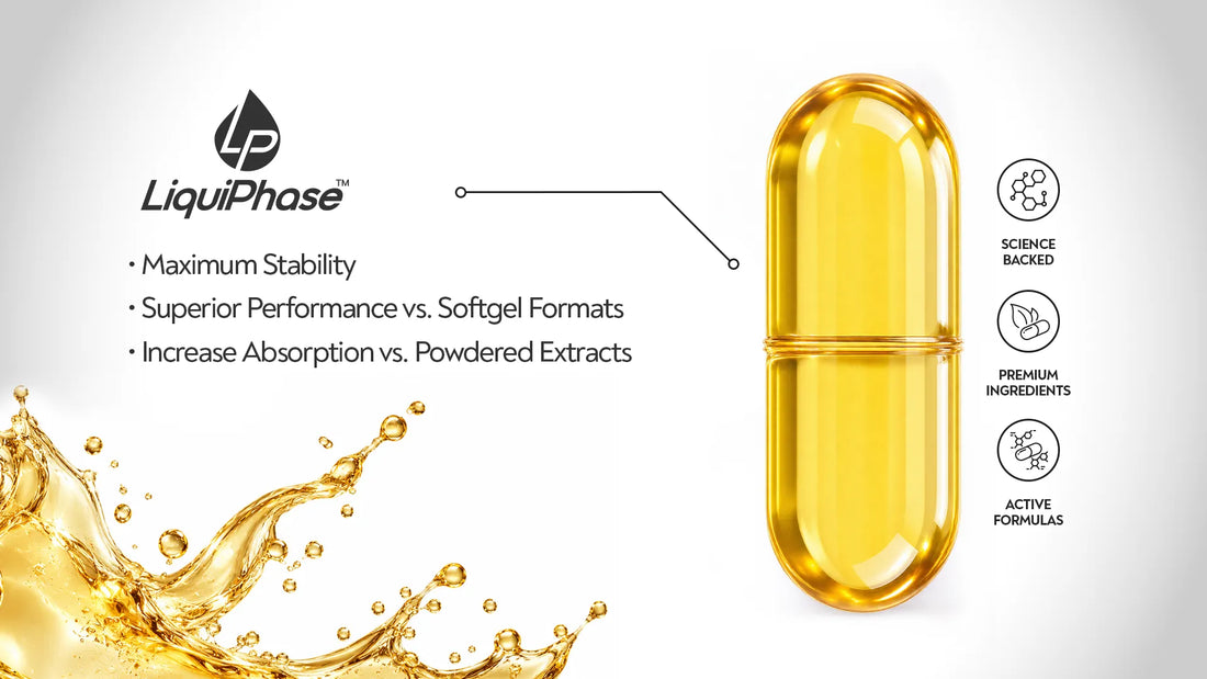 LiquiPhase logo beside a golden liquid-filled capsule and a splash of oil