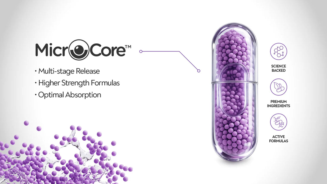 MicroCore logo beside a clear capsule packed with purple beadlets, labelled multi-stage release