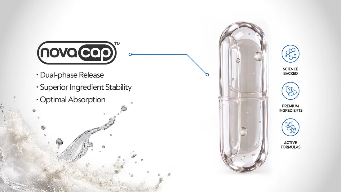 NovaCap logo beside a clear capsule inside a capsule, labelled dual-phase release, with a splash of powder