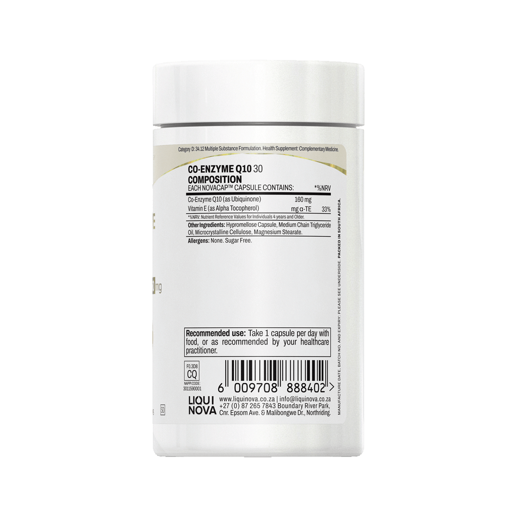 Co-Enzyme Q10 canister back label with composition per capsule and recommended use