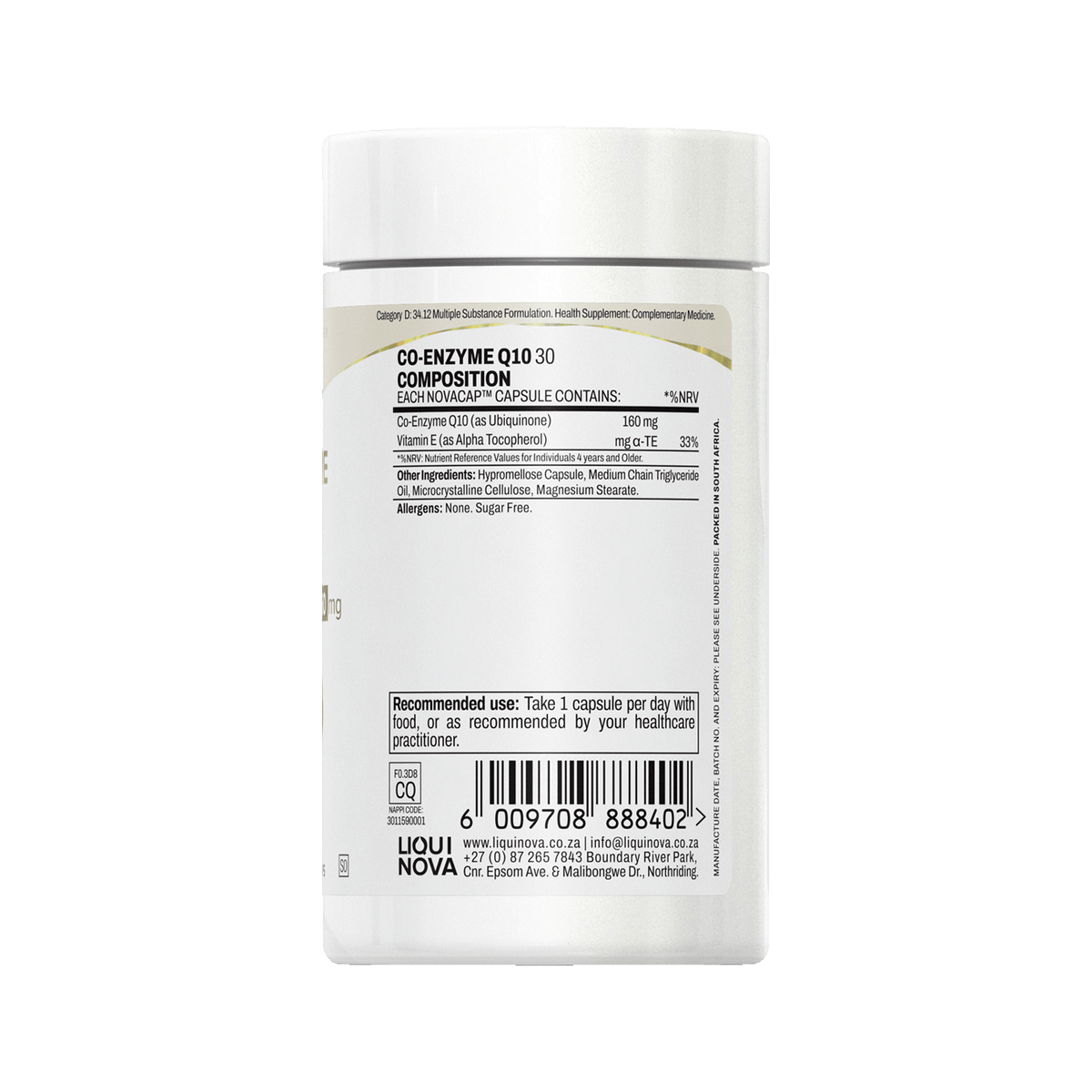 Co-Enzyme Q10 canister back label with composition per capsule and recommended use