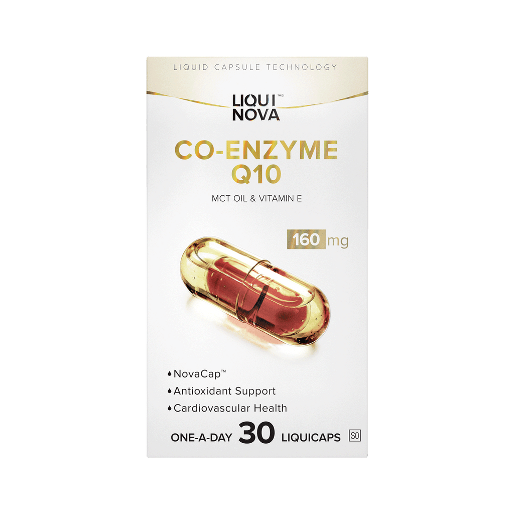LiquiNova Co-Enzyme Q10 box front, MCT oil and Vitamin E, 160 mg per capsule, 30 one-a-day liquid capsules