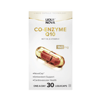 LiquiNova Co-Enzyme Q10 box front, MCT oil and Vitamin E, 160 mg per capsule, 30 one-a-day liquid capsules
