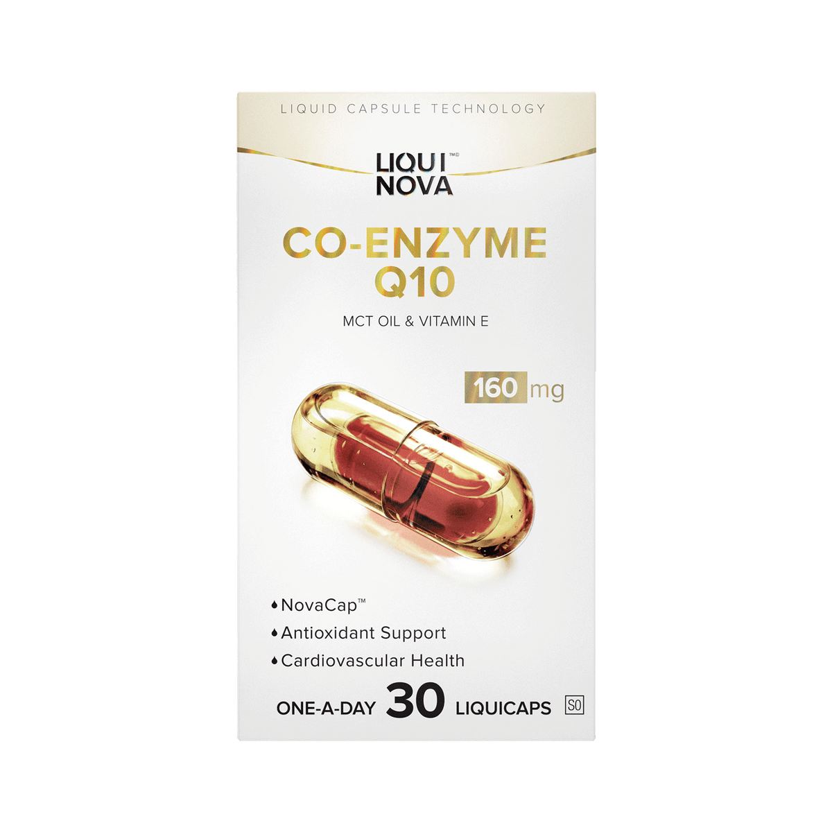 LiquiNova Co-Enzyme Q10 box front, MCT oil and Vitamin E, 160 mg per capsule, 30 one-a-day liquid capsules