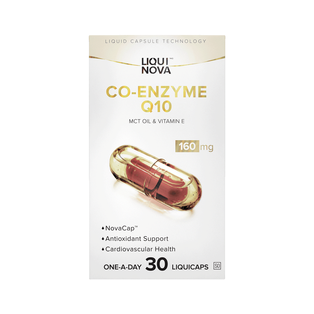 LiquiNova Co-Enzyme Q10 box, back face printed with the same front-of-pack design