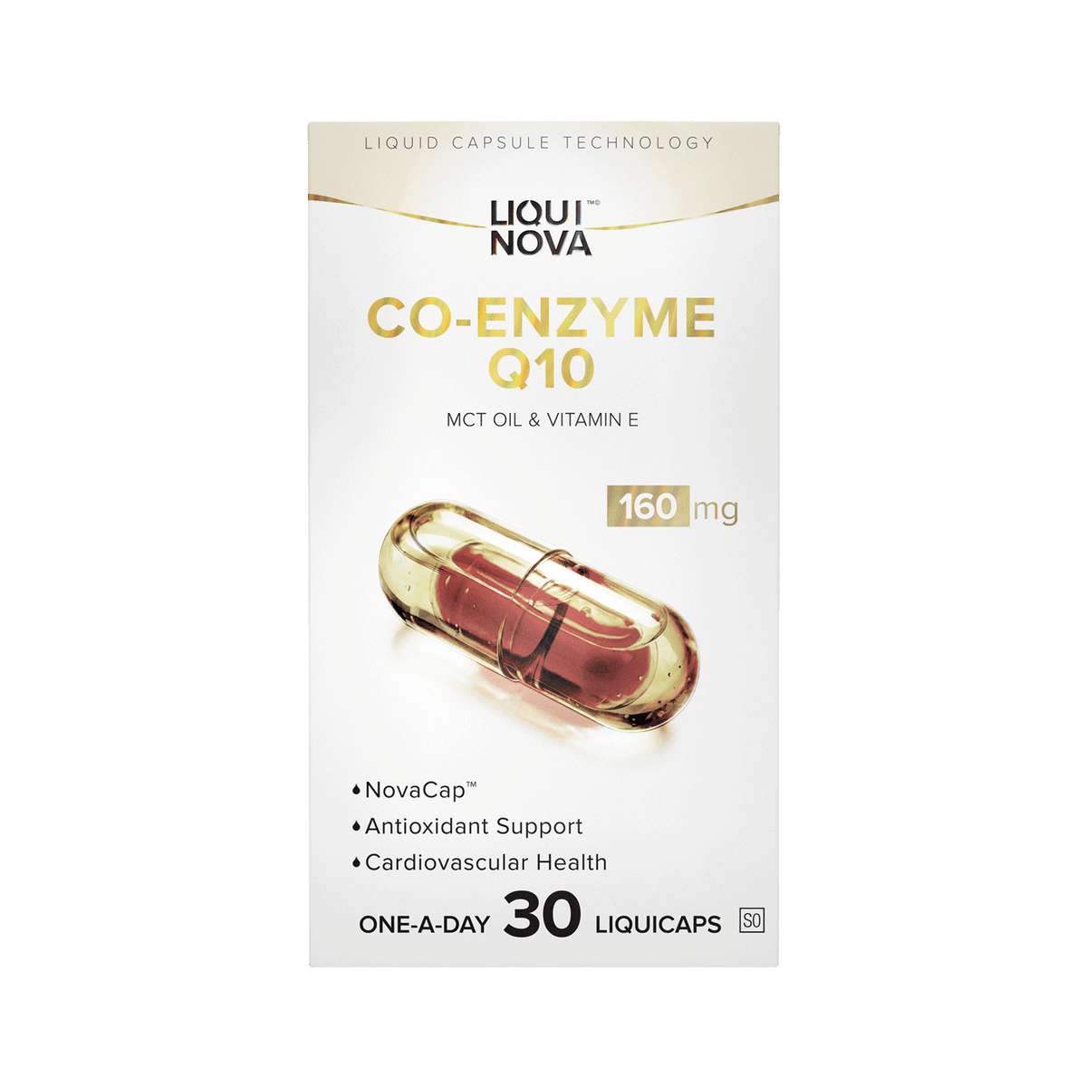 LiquiNova Co-Enzyme Q10 box, back face printed with the same front-of-pack design