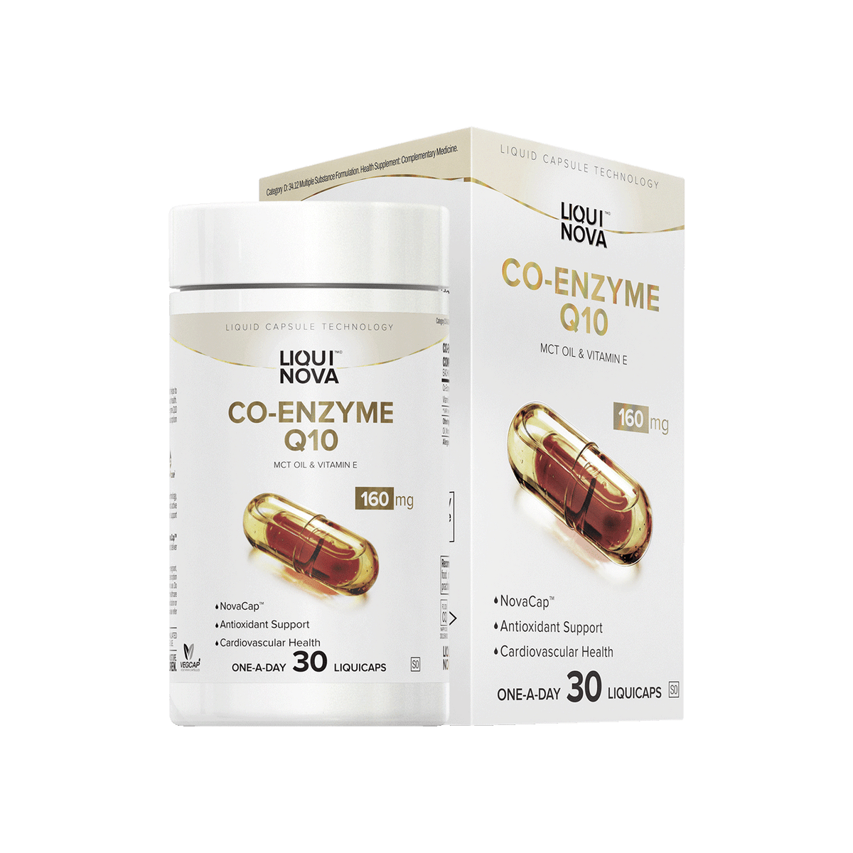 LiquiNova Co-Enzyme Q10 canister and box, 160 mg Co-Enzyme Q10 per capsule with MCT oil and Vitamin E