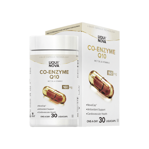 LiquiNova Co-Enzyme Q10 canister and box, 160 mg Co-Enzyme Q10 per capsule with MCT oil and Vitamin E