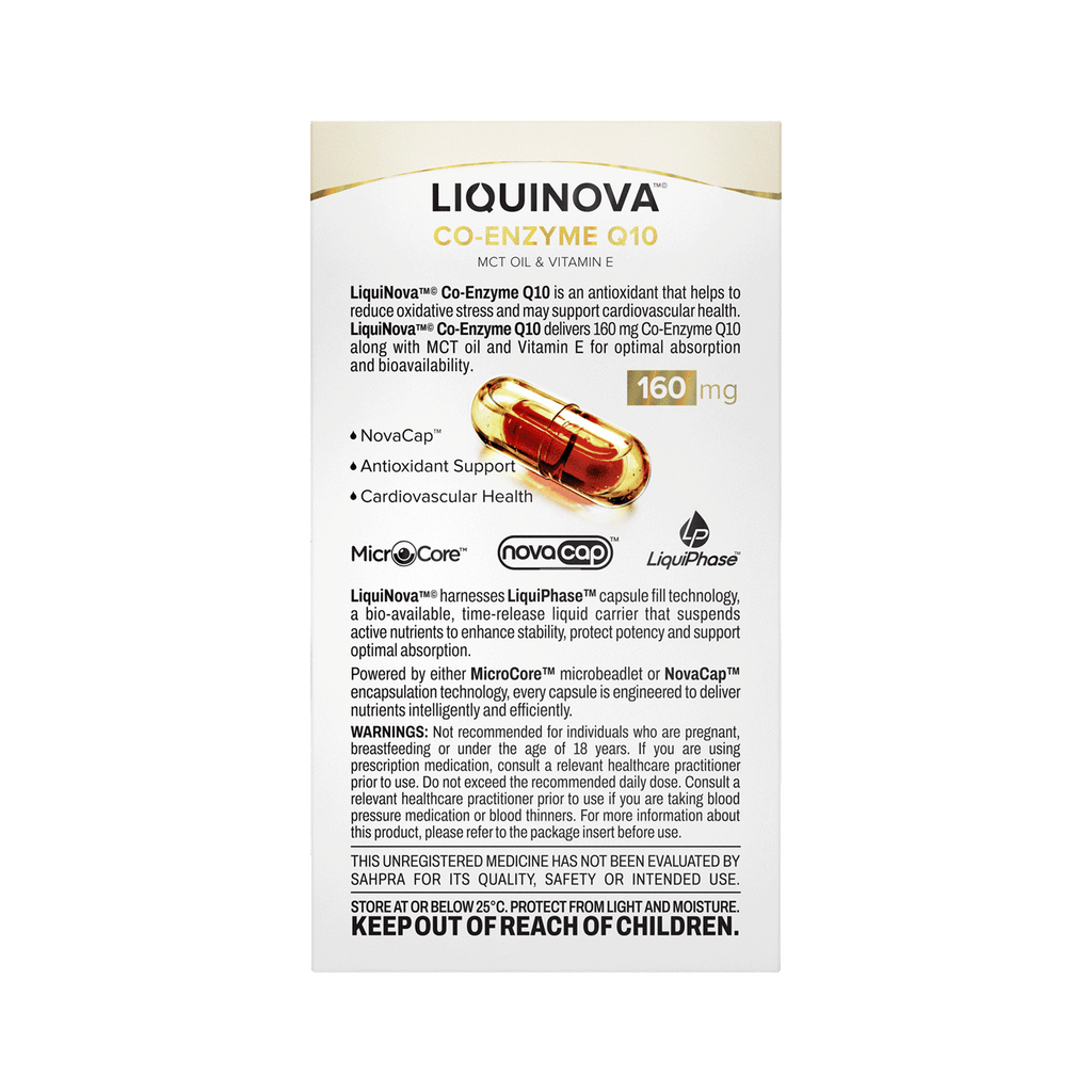 Co-Enzyme Q10 box left side panel with product description, warnings and storage directions
