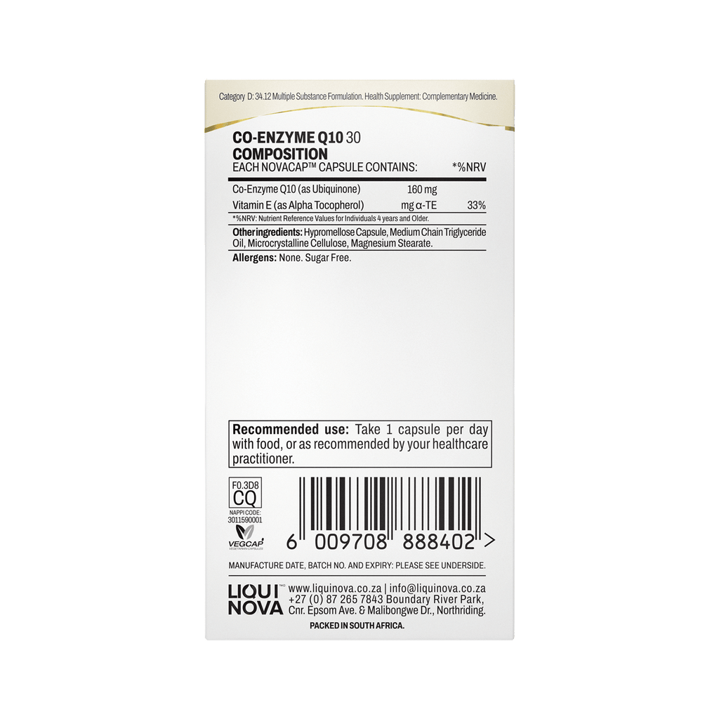 Co-Enzyme Q10 box right side panel with composition, recommended use and barcode