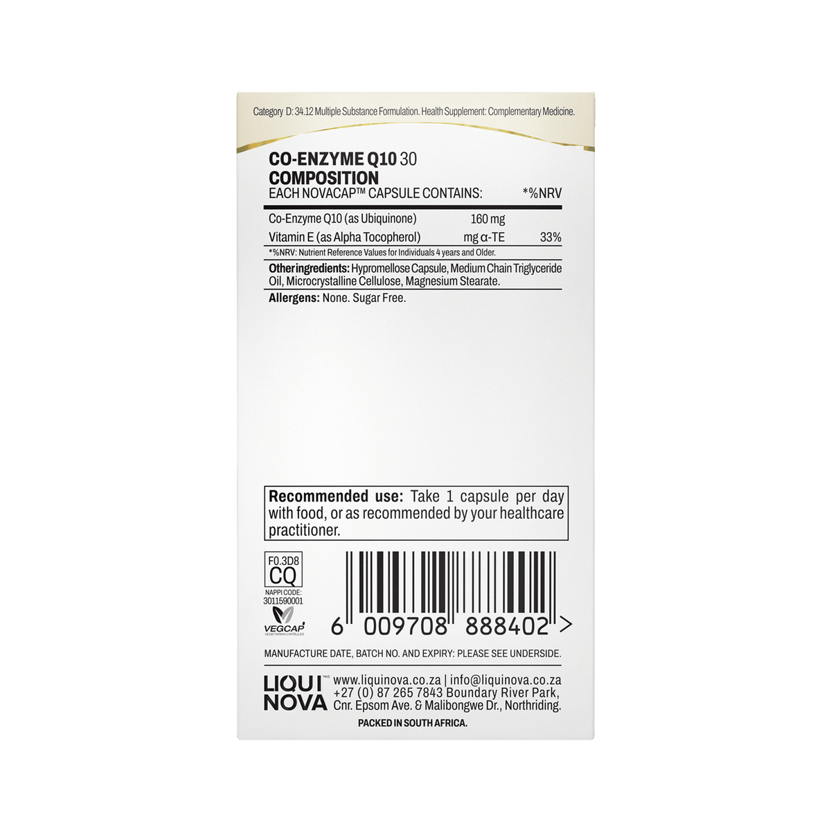 Co-Enzyme Q10 box right side panel with composition, recommended use and barcode