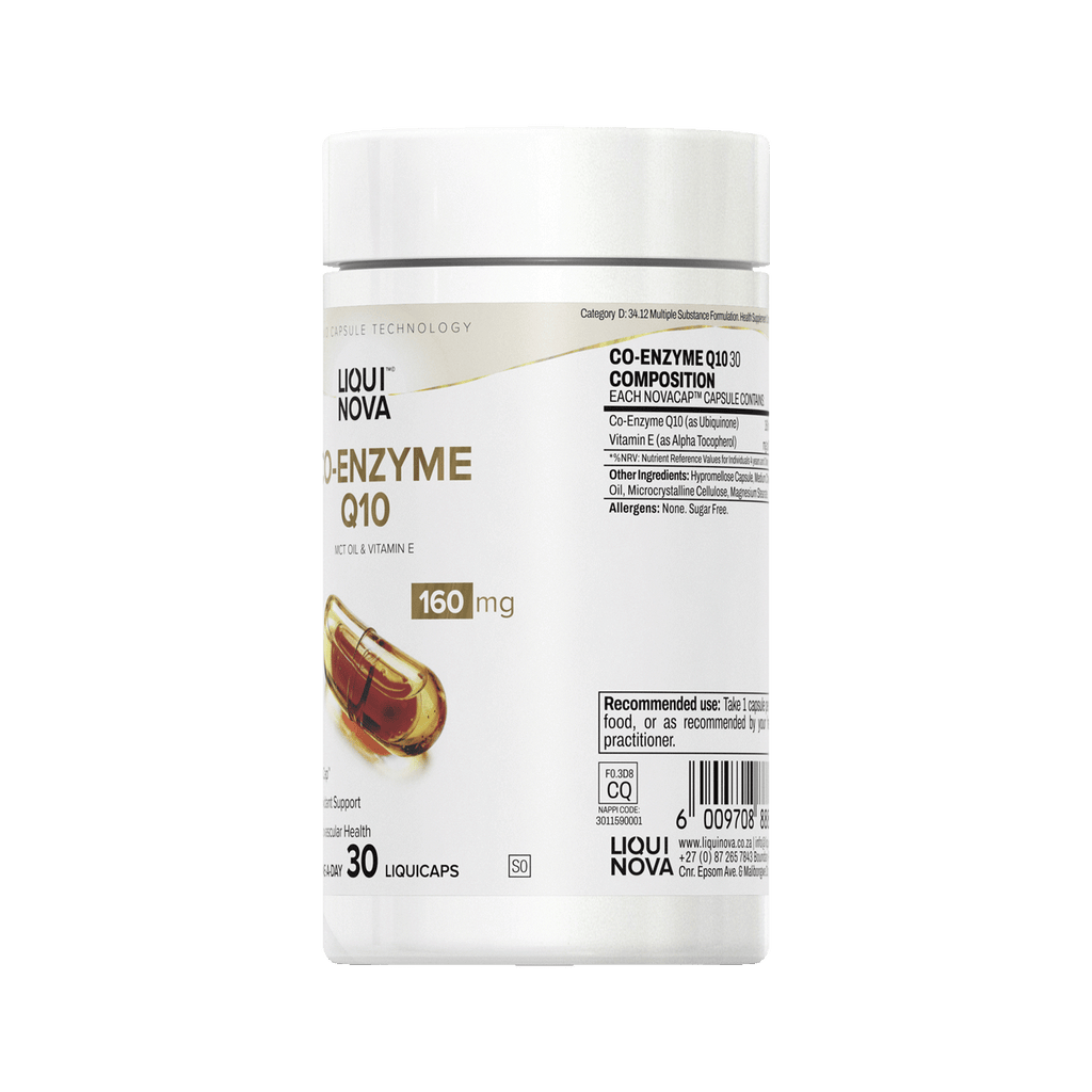Co-Enzyme Q10 canister left label panel, composition and recommended use beside the front label
