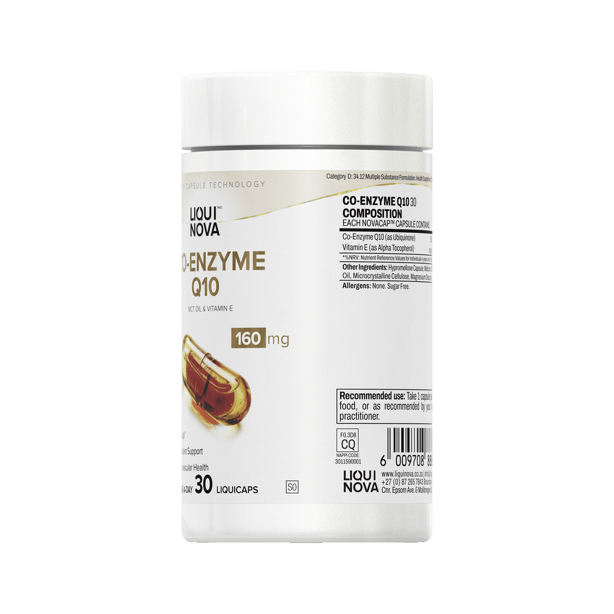 Co-Enzyme Q10 canister left label panel, composition and recommended use beside the front label