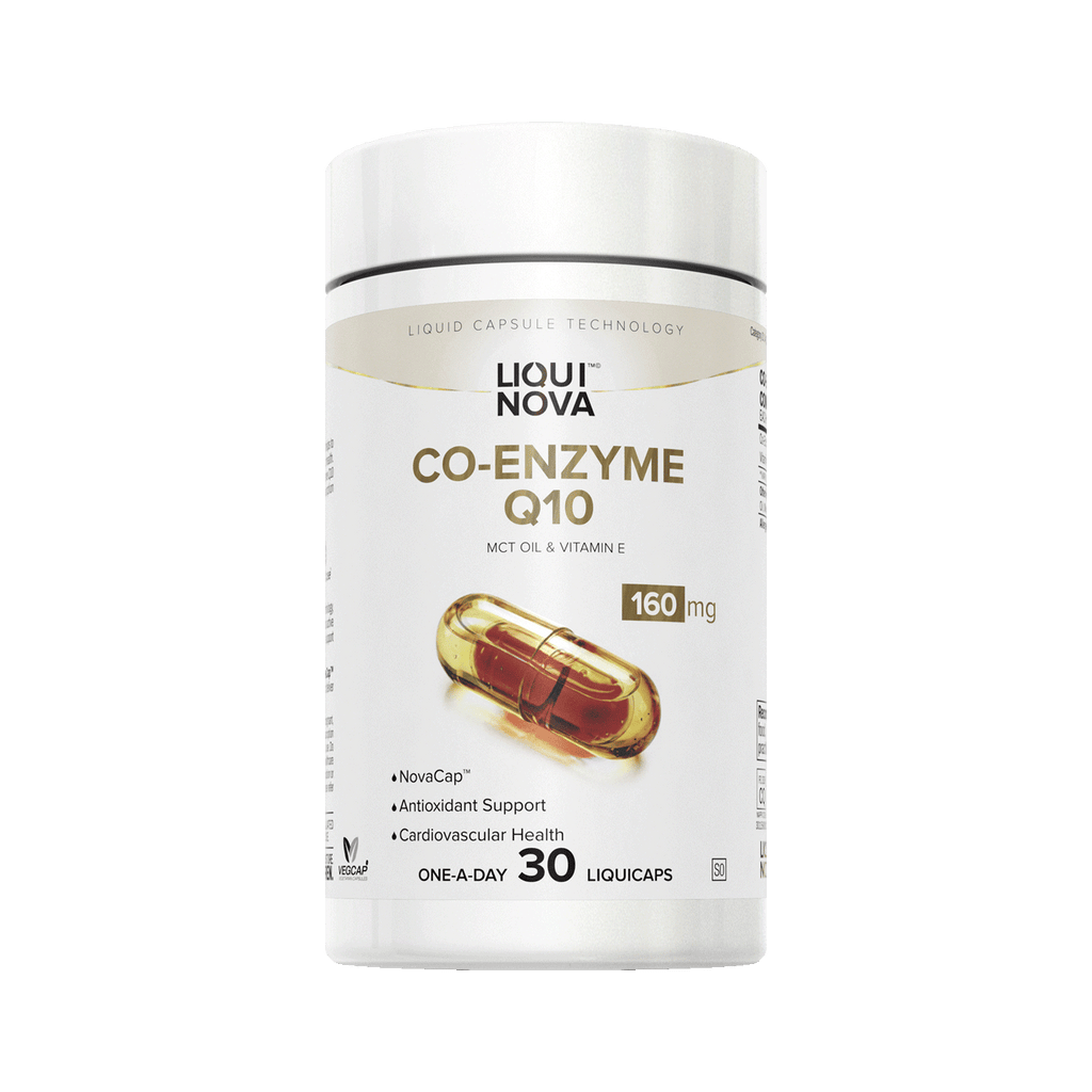 LiquiNova Co-Enzyme Q10 canister, angled view showing the NovaCap liquid capsule