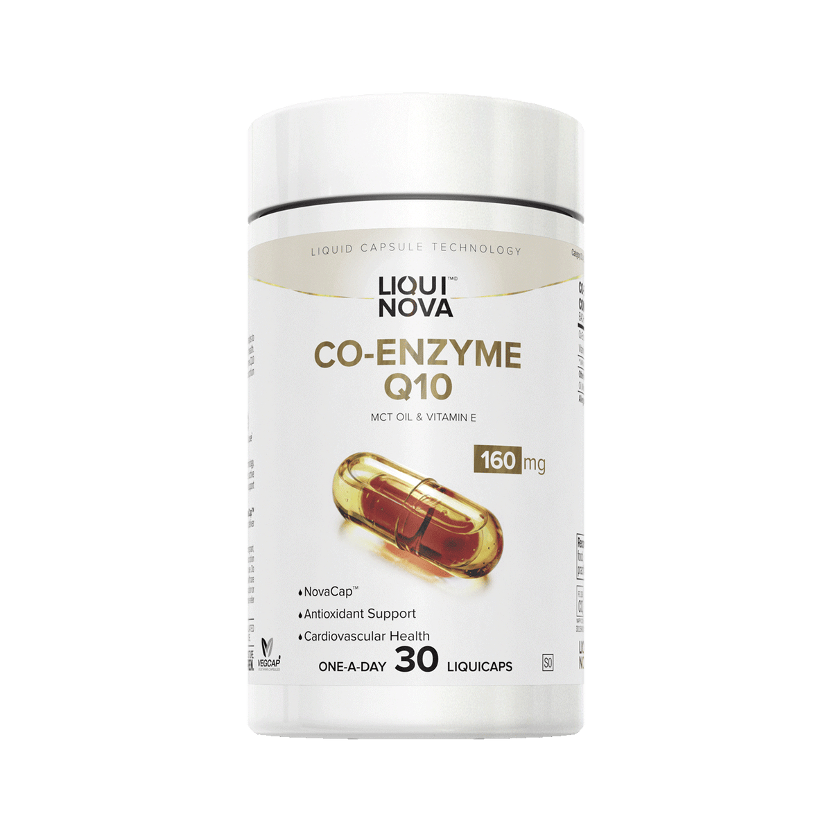 LiquiNova Co-Enzyme Q10 canister, angled view showing the NovaCap liquid capsule