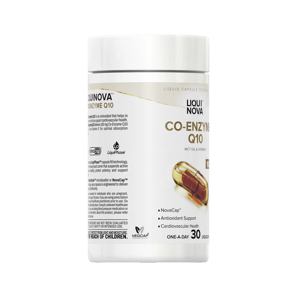 Co-Enzyme Q10 canister right label panel, product description and warnings beside the front label