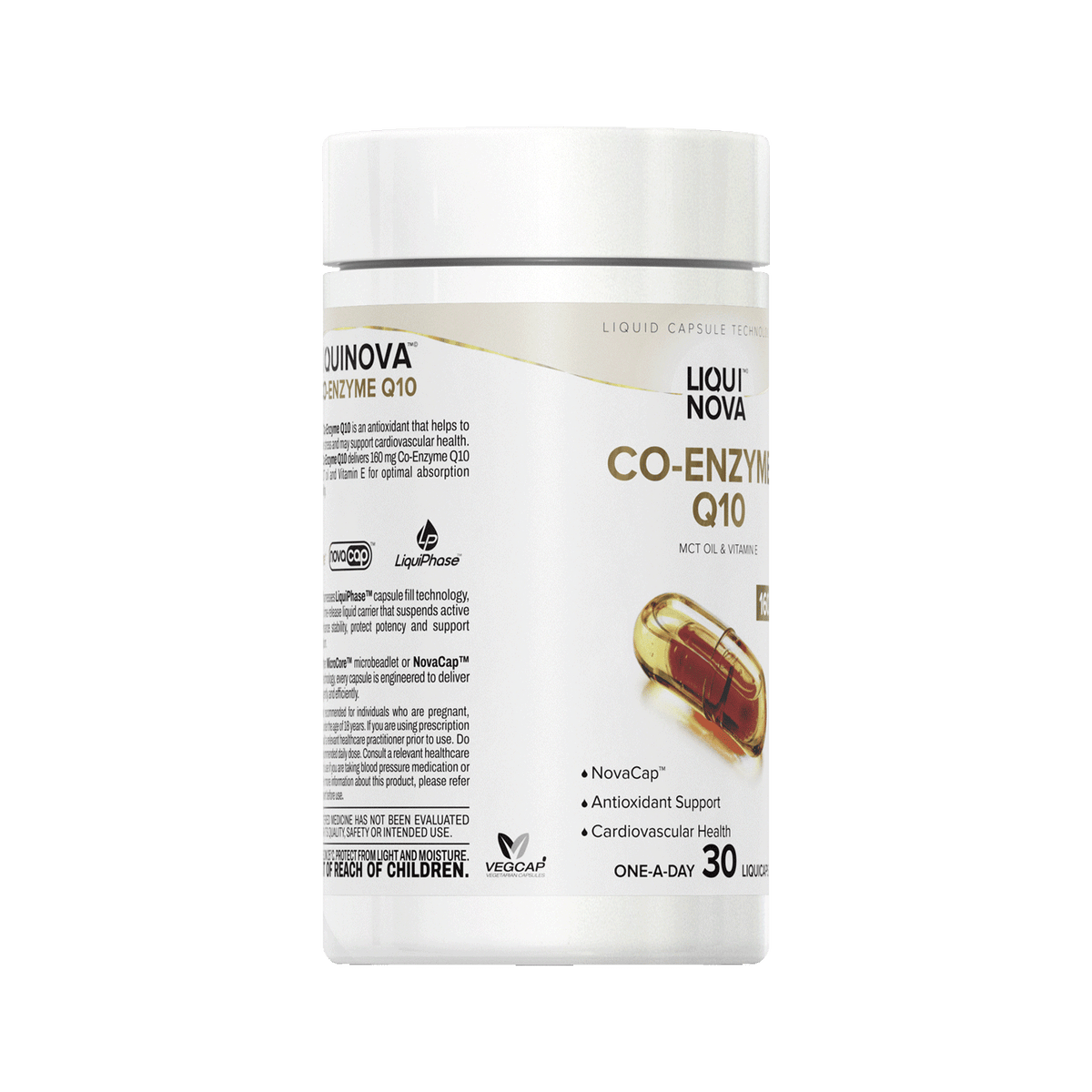 Co-Enzyme Q10 canister right label panel, product description and warnings beside the front label