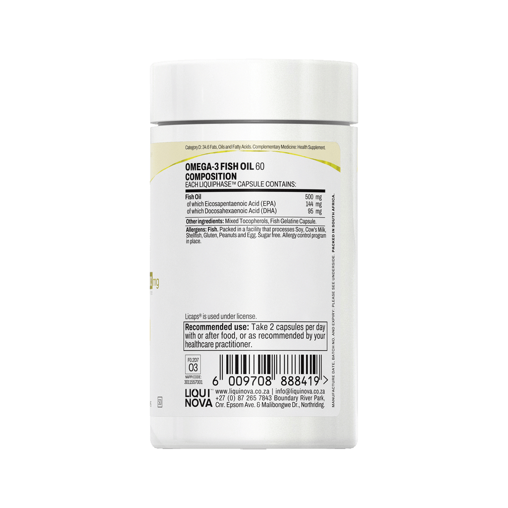 Omega-3 Fish Oil composition label with ingredient amounts per capsule