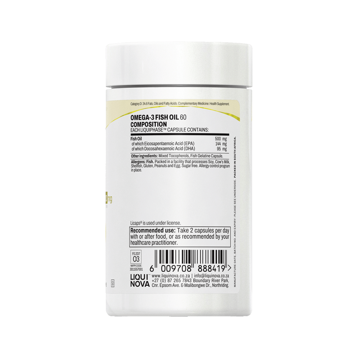 Omega-3 Fish Oil composition label with ingredient amounts per capsule