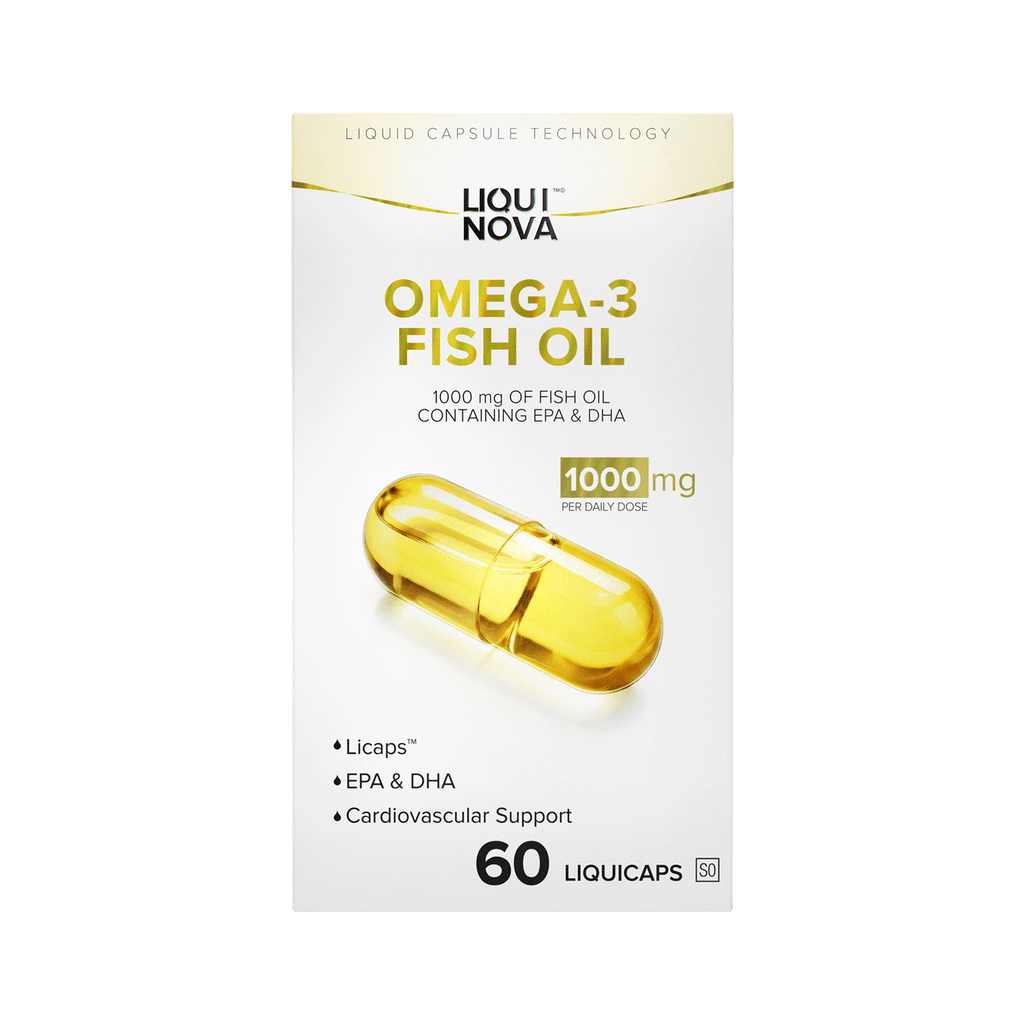 LiquiNova Omega-3 Fish Oil box front, 1000 mg fish oil with 288 mg EPA and 190 mg DHA per 2-capsule dose