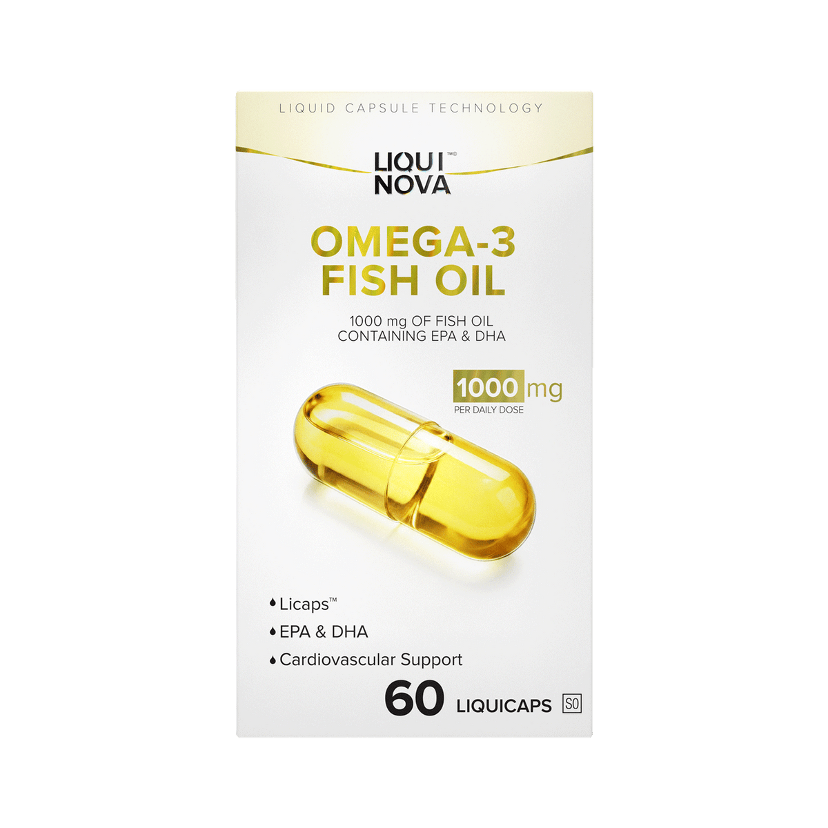 LiquiNova Omega-3 Fish Oil box front, 1000 mg fish oil with 288 mg EPA and 190 mg DHA per 2-capsule dose