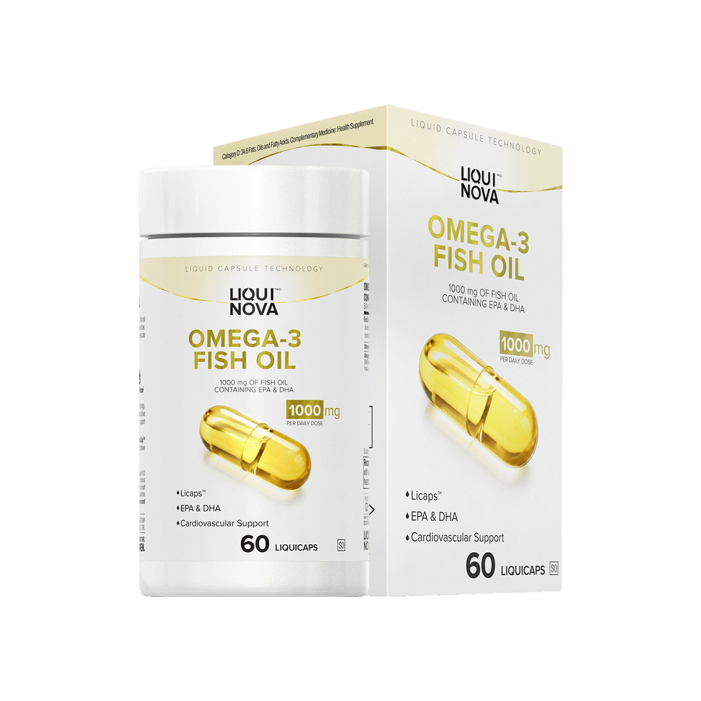 LiquiNova Omega-3 Fish Oil liquid capsule pack, EPA and DHA supplement