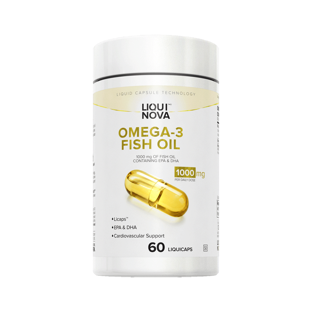 LiquiNova Omega-3 Fish Oil canister, angled view showing the Licaps liquid capsule