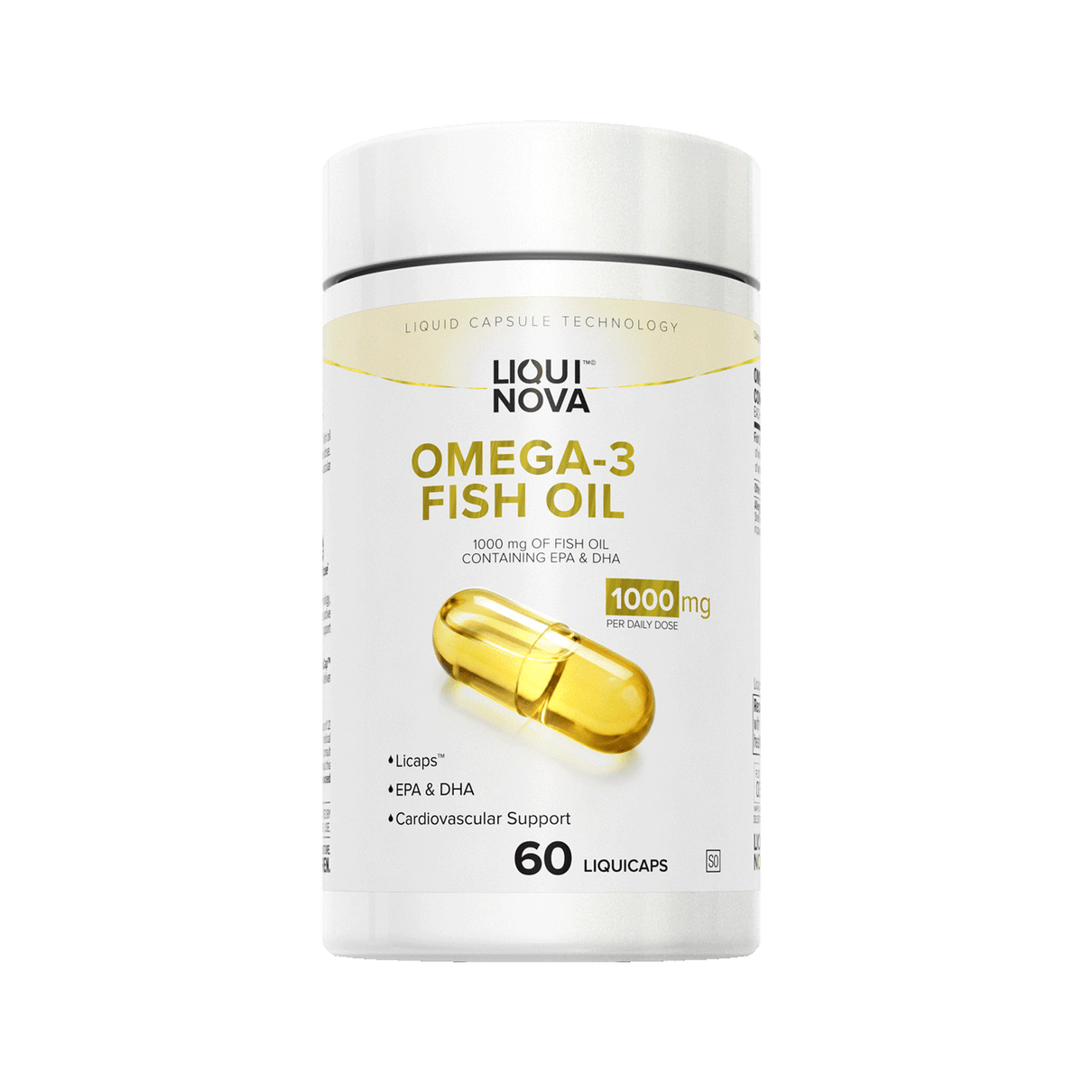 LiquiNova Omega-3 Fish Oil canister, angled view showing the Licaps liquid capsule