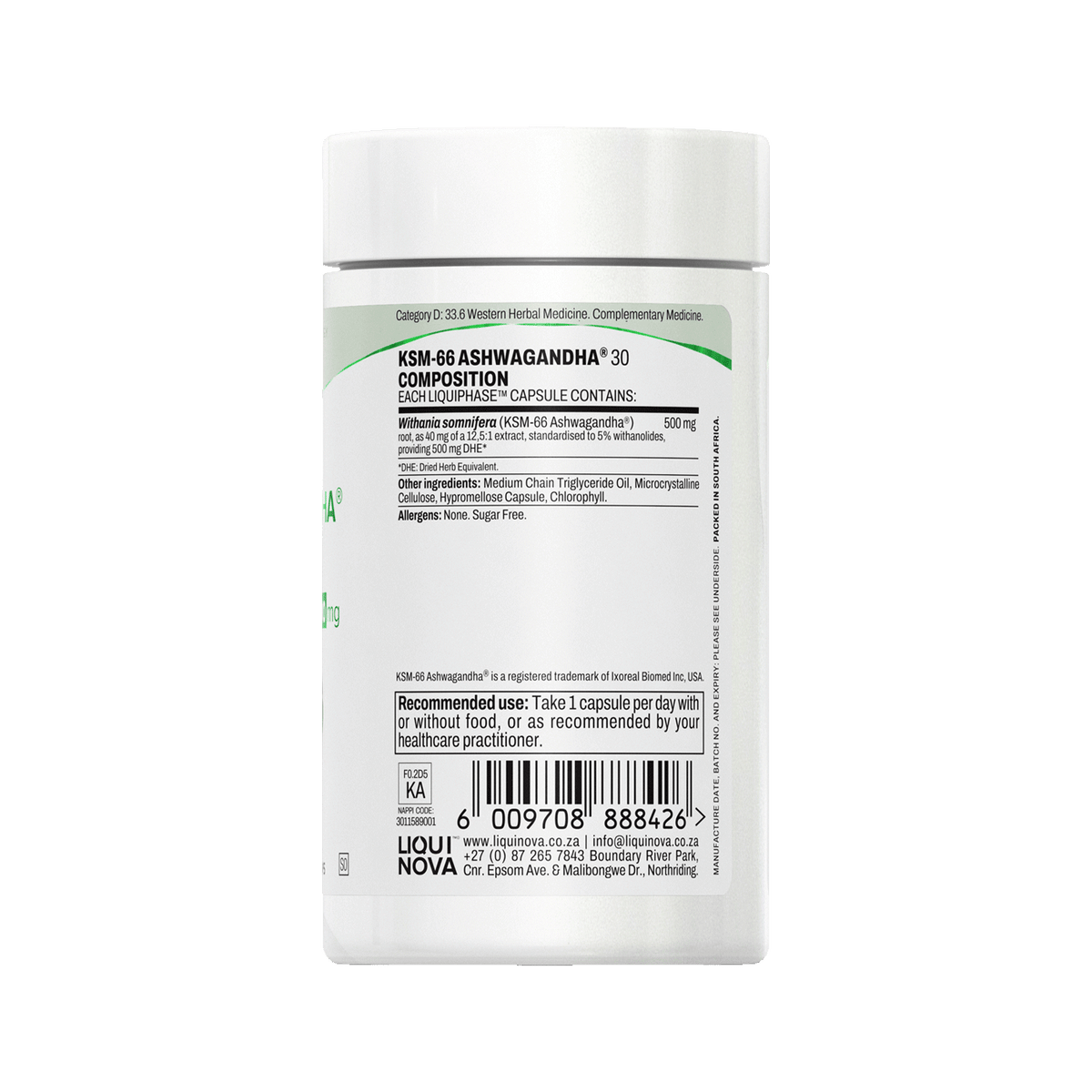 KSM-66® Ashwagandha composition label with ingredient amounts per capsule