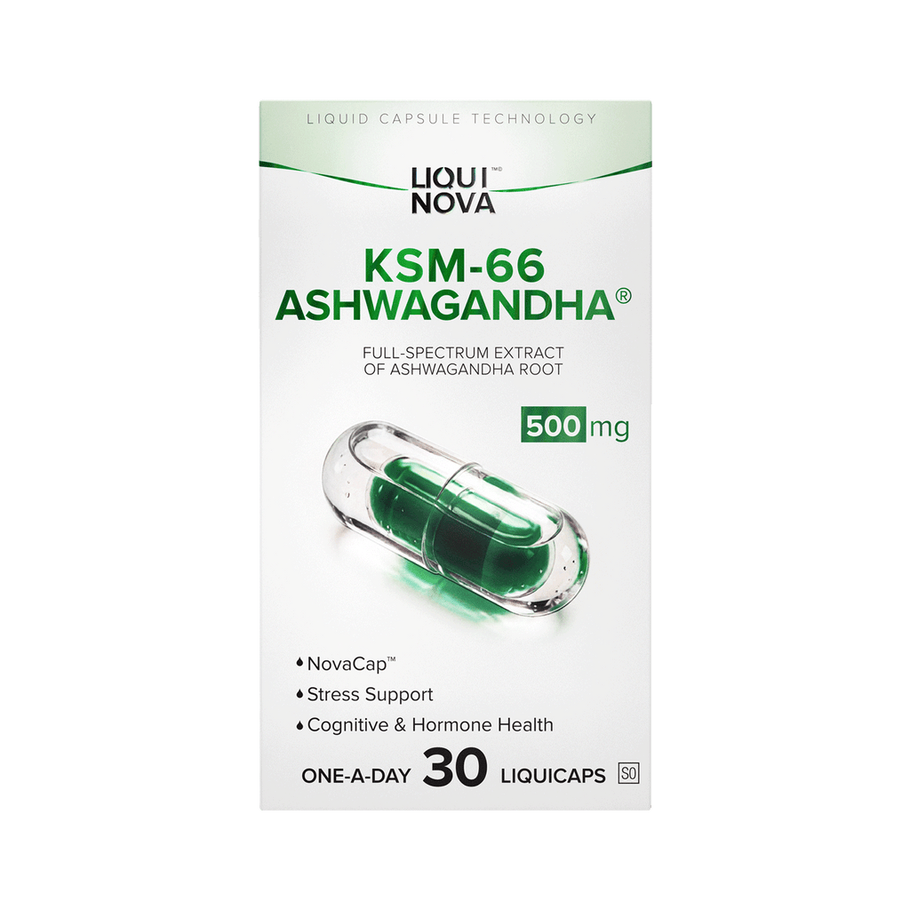 LiquiNova KSM-66® Ashwagandha box front, full-spectrum extract of ashwagandha root