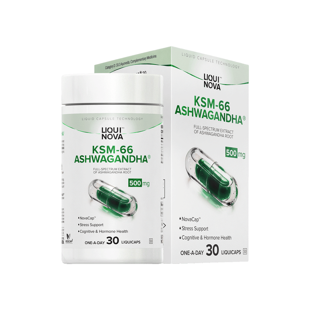 LiquiNova KSM-66® Ashwagandha canister and box, full-spectrum extract of ashwagandha root, 30 one-a-day capsules