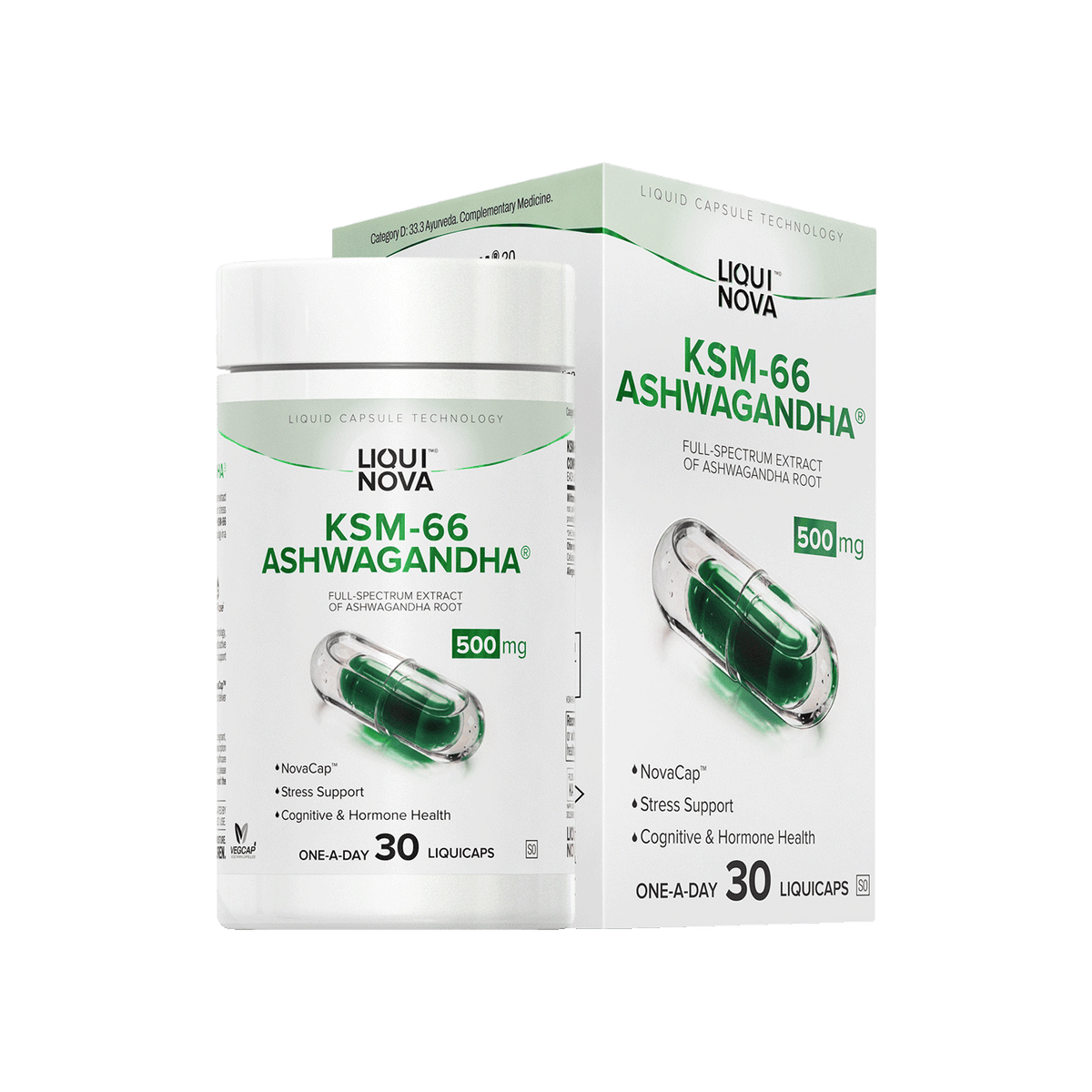 LiquiNova KSM-66® Ashwagandha canister and box, full-spectrum extract of ashwagandha root, 30 one-a-day capsules