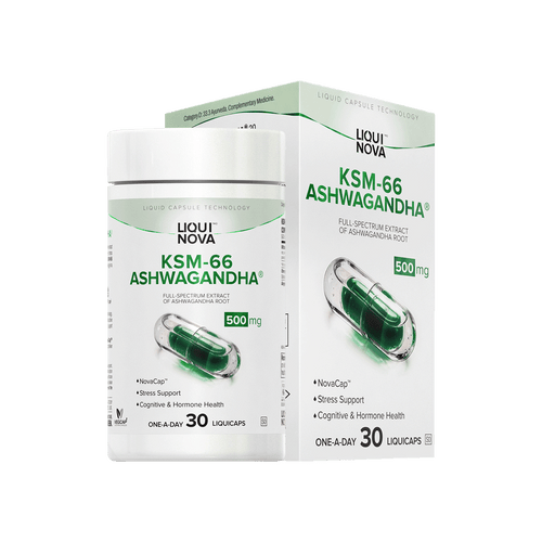 LiquiNova KSM-66® Ashwagandha canister and box, full-spectrum extract of ashwagandha root, 30 one-a-day capsules