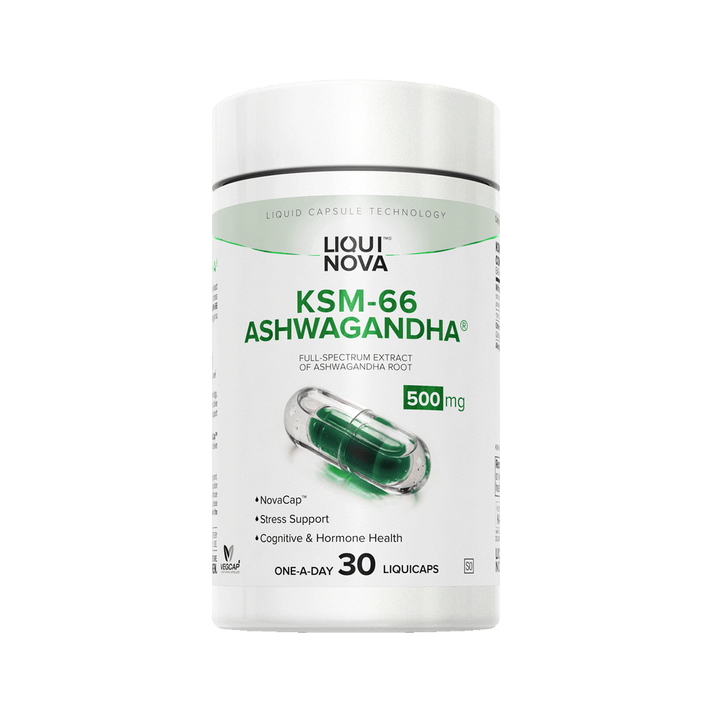 LiquiNova KSM-66® Ashwagandha canister, angled view showing the NovaCap dual capsule