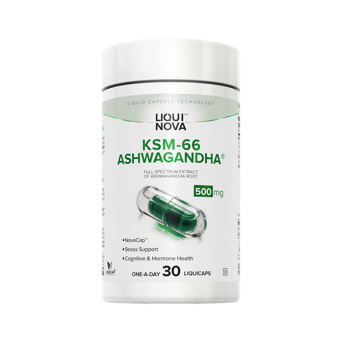 LiquiNova KSM-66® Ashwagandha canister, angled view showing the NovaCap dual capsule