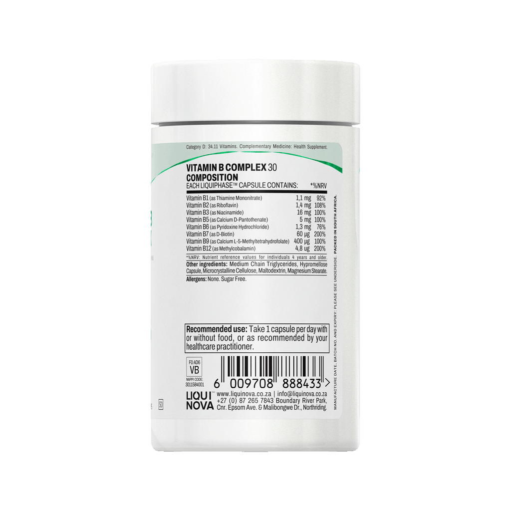 Vitamin B-Complex composition label with ingredient amounts per capsule