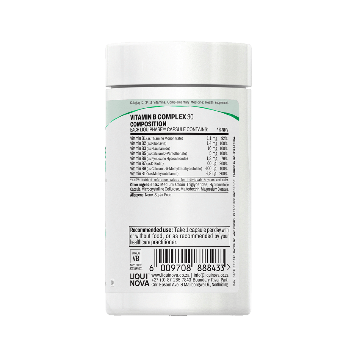Vitamin B-Complex composition label with ingredient amounts per capsule