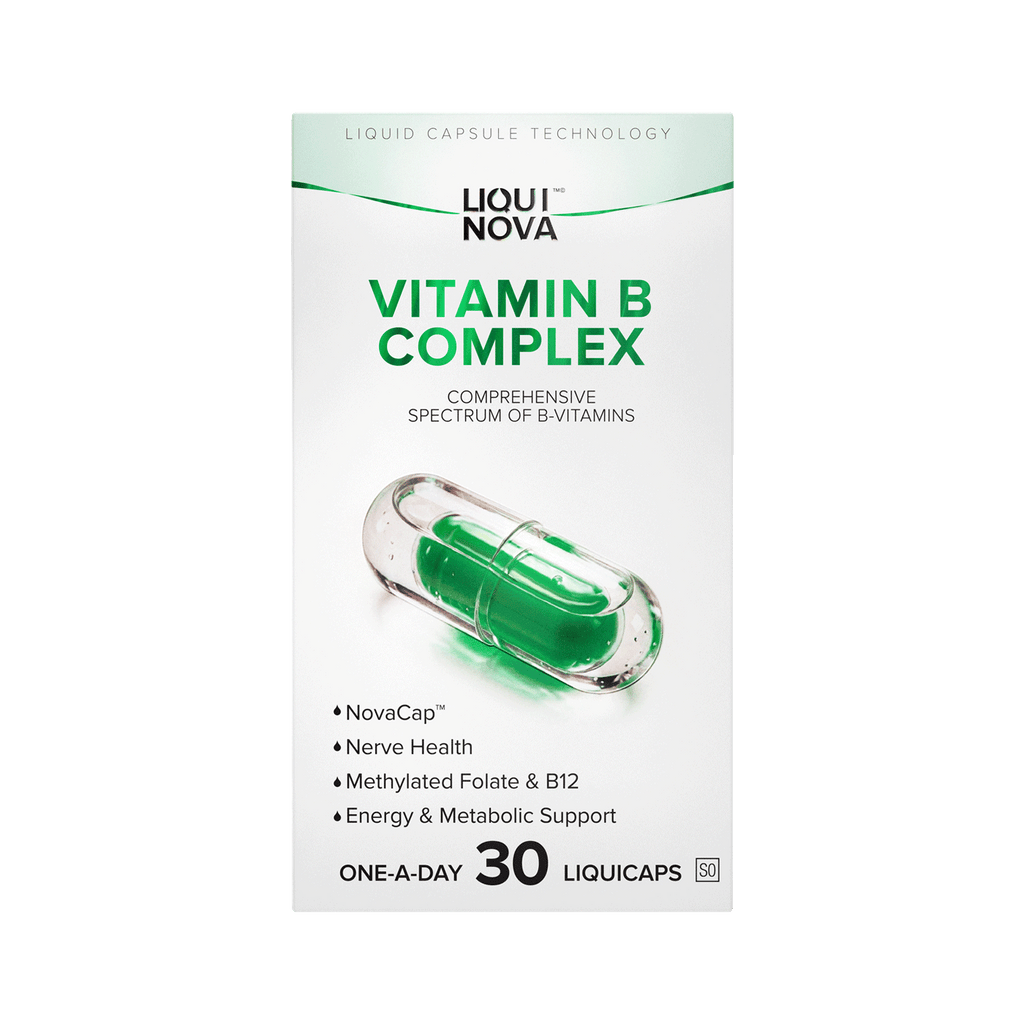 LiquiNova Vitamin B-Complex box front, all 8 B vitamins with methylated B12 and Folate