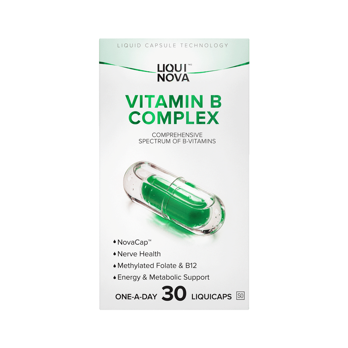 LiquiNova Vitamin B-Complex box front, all 8 B vitamins with methylated B12 and Folate