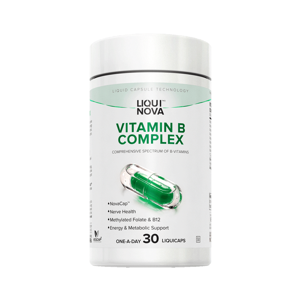 LiquiNova Vitamin B-Complex canister, angled view showing the NovaCap dual capsule