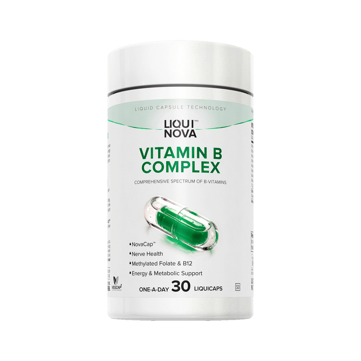 LiquiNova Vitamin B-Complex canister, angled view showing the NovaCap dual capsule