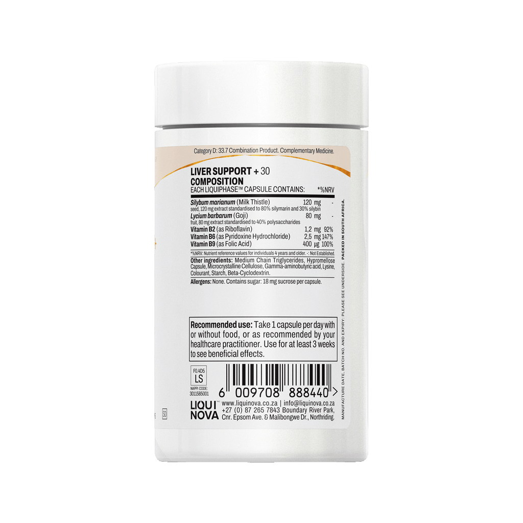 Liver Support+ composition label with ingredient amounts per capsule