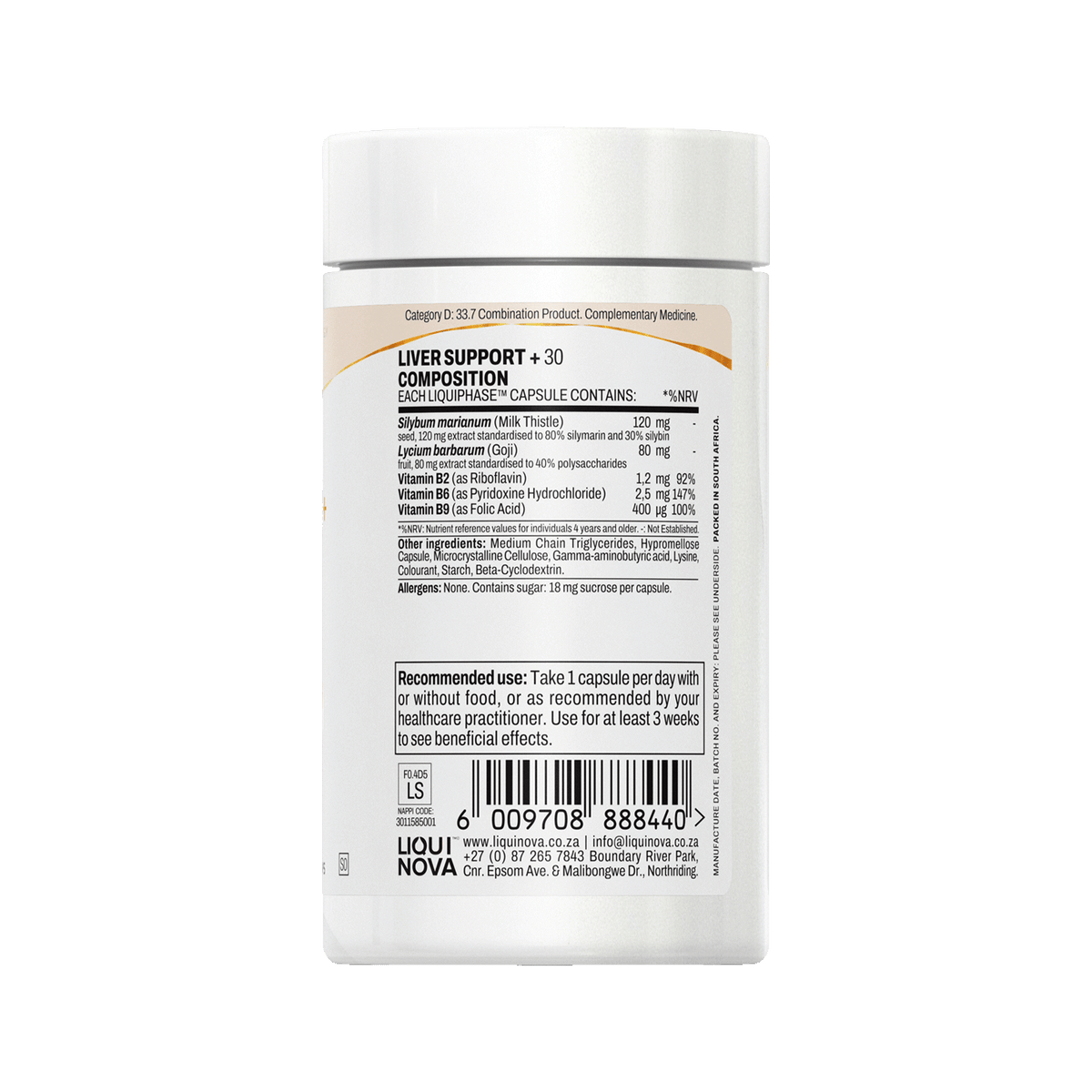 Liver Support+ composition label with ingredient amounts per capsule