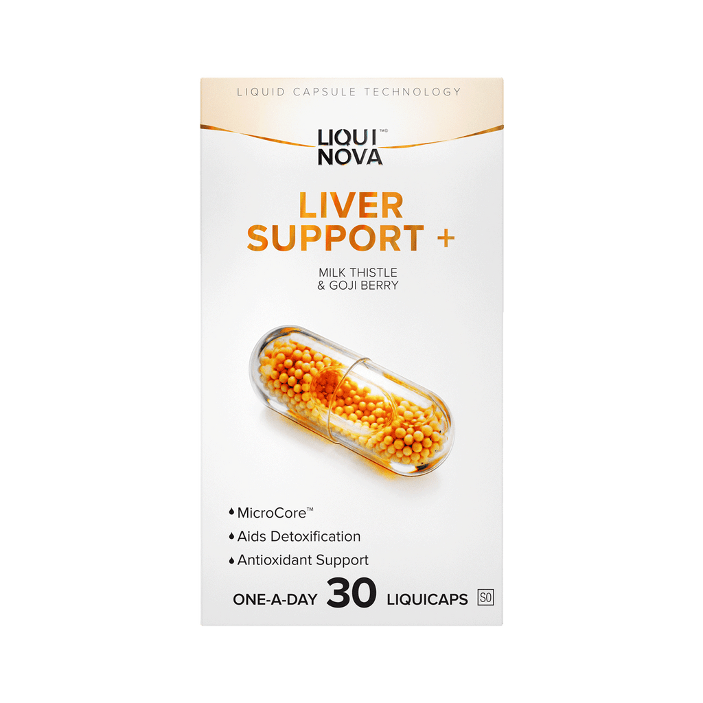 LiquiNova Liver Support+ box front, Milk Thistle and Goji Berry with B vitamins