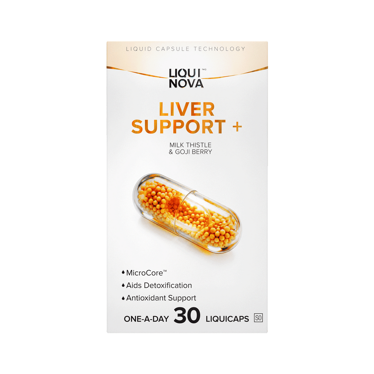LiquiNova Liver Support+ box front, Milk Thistle and Goji Berry with B vitamins
