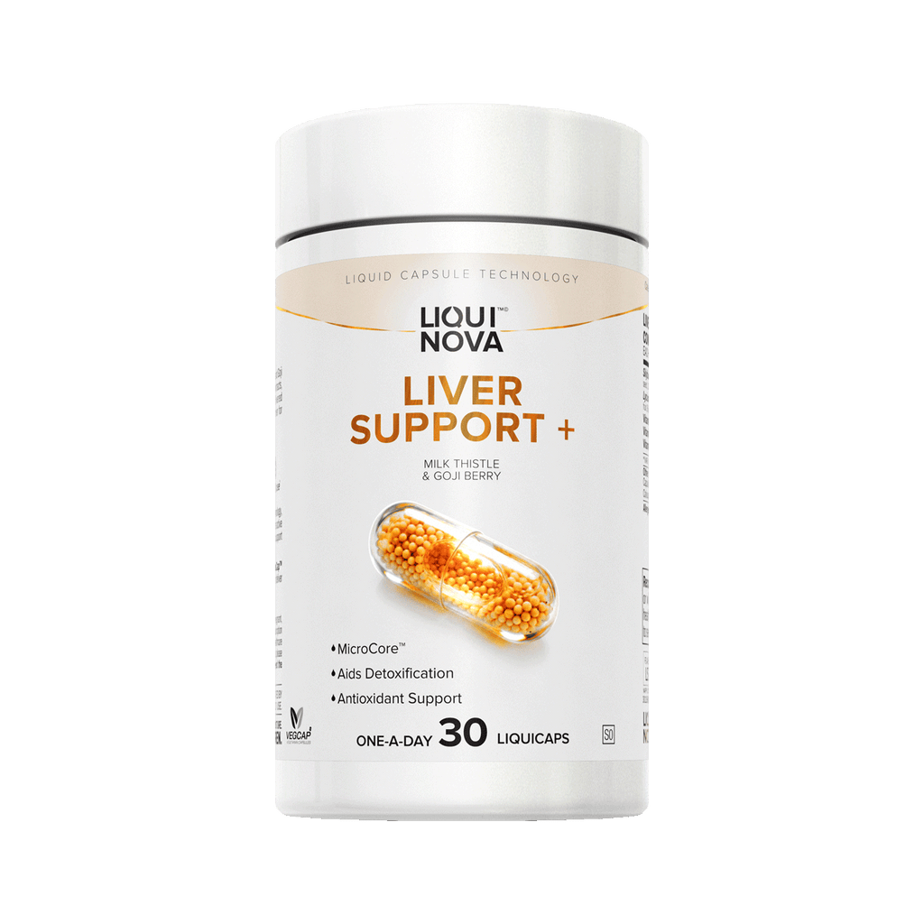 LiquiNova Liver Support+ canister, angled view showing the MicroCore liquid capsule