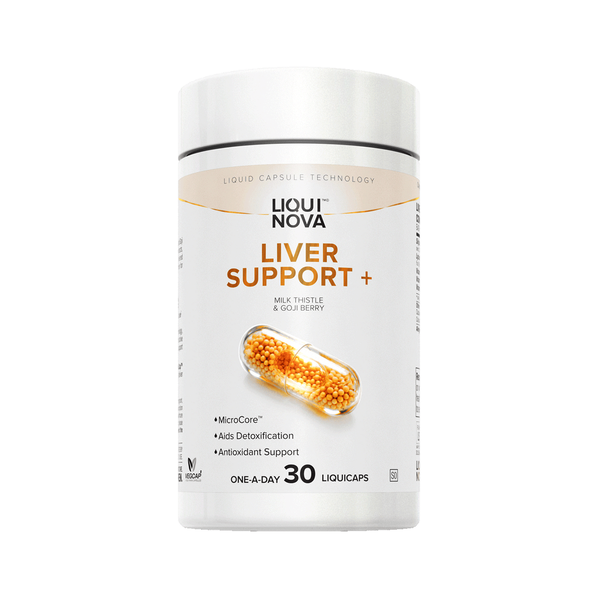 LiquiNova Liver Support+ canister, angled view showing the MicroCore liquid capsule