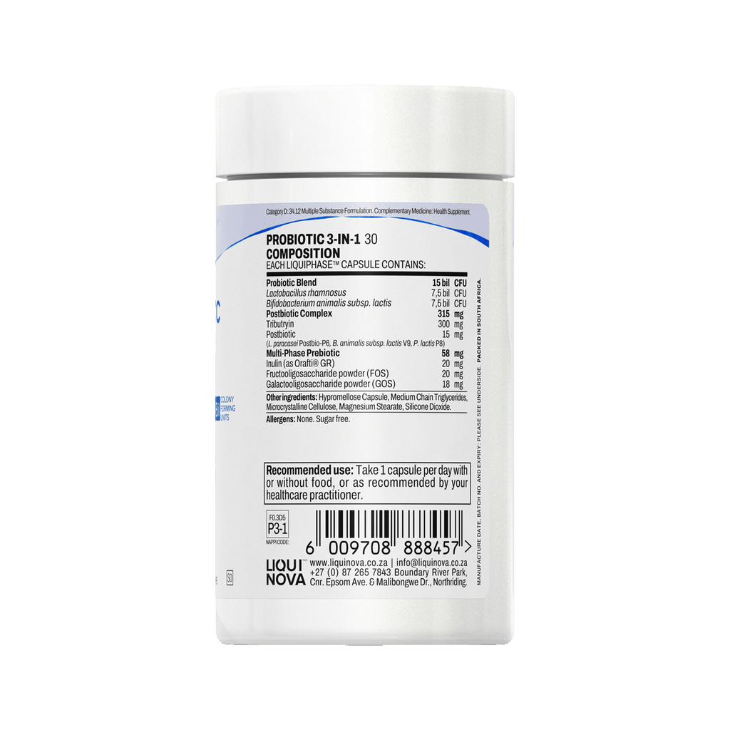 Probiotic 3-in-1 composition label with ingredient amounts per capsule