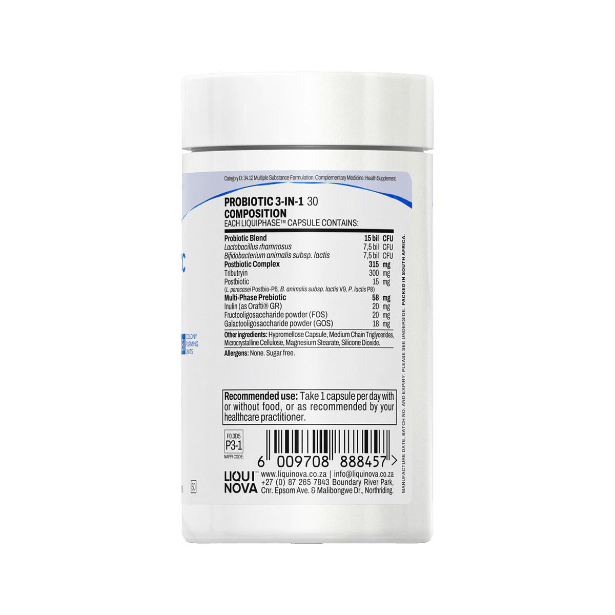 Probiotic 3-in-1 composition label with ingredient amounts per capsule