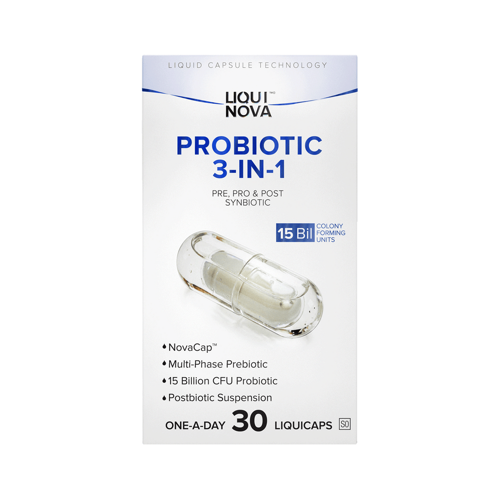 LiquiNova Probiotic 3-in-1 box front, pre, pro and postbiotics with 15 billion CFU